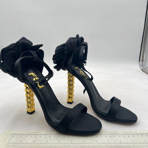 FSJ Black Flower Gold Metal Chain Chunky High Heels Ankle Strap Open Toe Sandals - Picture 4 of 8